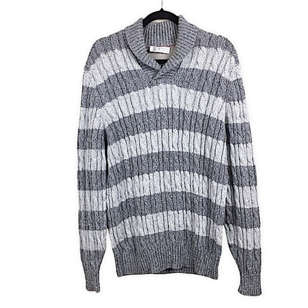 Brunello Cucinelli Men’s Gray‎ Striped Cable Knit Pullover Sweater